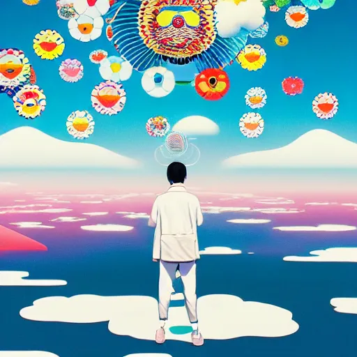 Image similar to a man walking on clouds away from the camera above kyoto by takashi murakami, beeple and james jean, aya takano color style, 4 k, super detailed, modern, 4 k, symmetrical