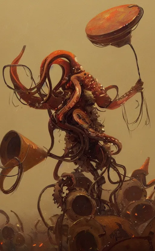 Image similar to a painting of a squid banging the drums with its tentales, by greg rutkowski, featured on artstation