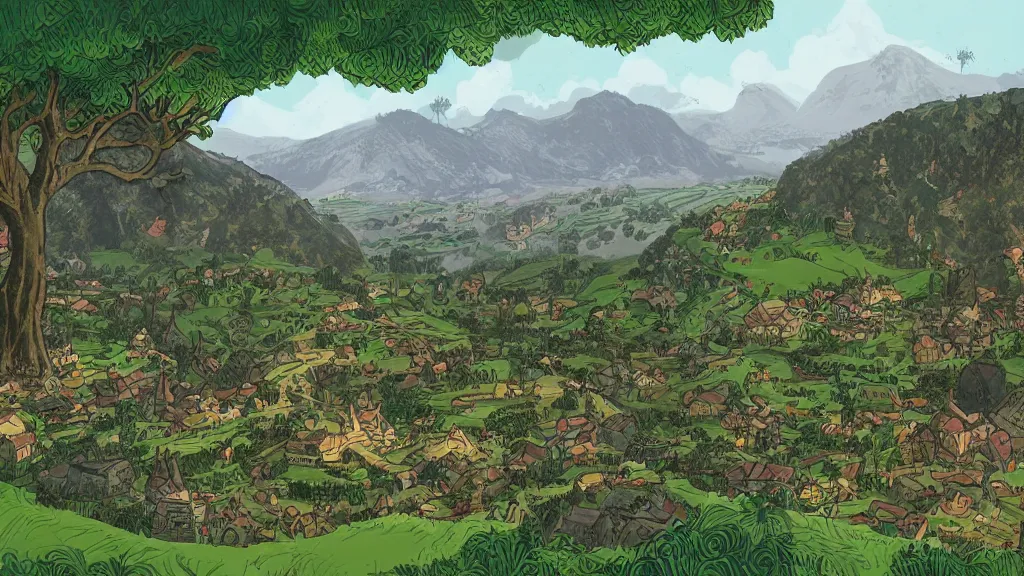 Image similar to a genndy tartakovsky illustration of the shire from lord of the rings