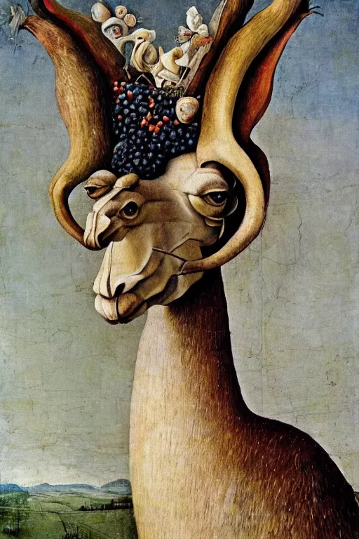 Prompt: symbolism painting of highly detailed surealistic giant rennessaince llama head with complex shell body in the style of hieronymus bosch, llama, berries oil on canvas, master painting, melancholic, llama head