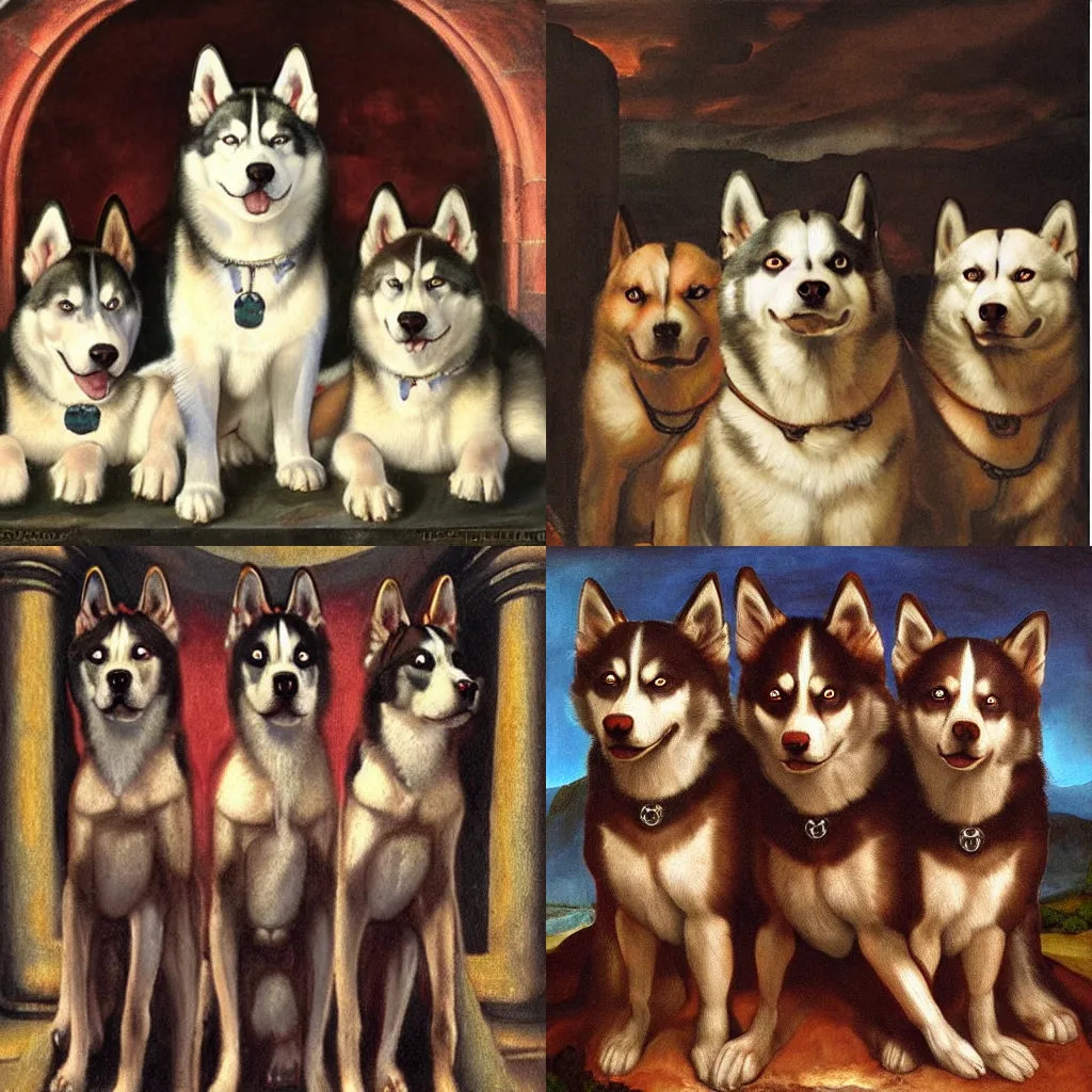 Prompt: a three headed husky guarding the gates of hell, oil painting by michaelangelo