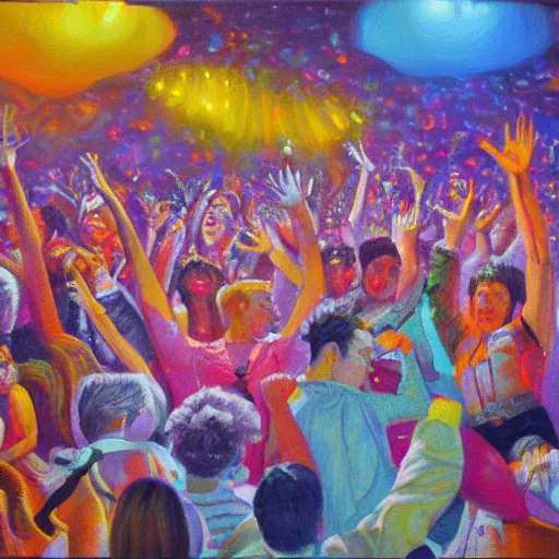 Image similar to a soft comfy bed, on the dancefloor at a disco, oil painting, hyperdetailed