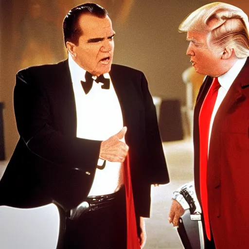 Prompt: still of richard nixon and donald trump as master and apprentice sith lords, star wars episode i ( 1 9 9 9 )