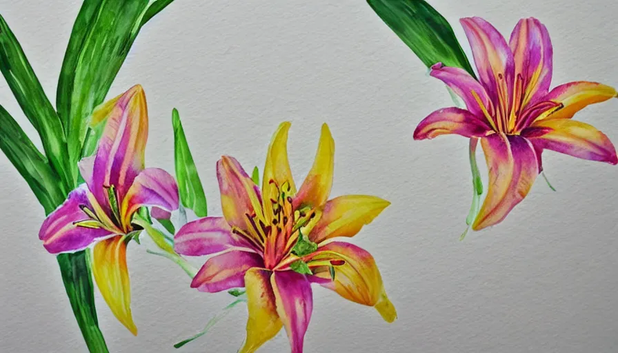 Prompt: watercolor painting of multicolor lilies on white paper, bright, white table, white walls