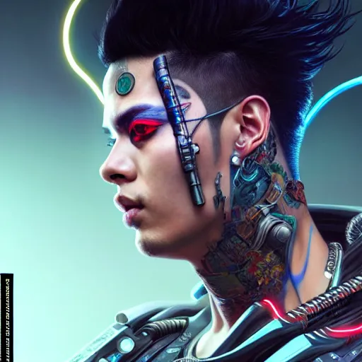 Image similar to portrait painting of a cyberpunk jackson wang with a z tattooed on his forehead, ultra realistic, concept art, intricate details, eerie, highly detailed, photorealistic, octane render, 8 k, unreal engine. art by artgerm and greg rutkowski and magali villeneuve and alphonse mucha