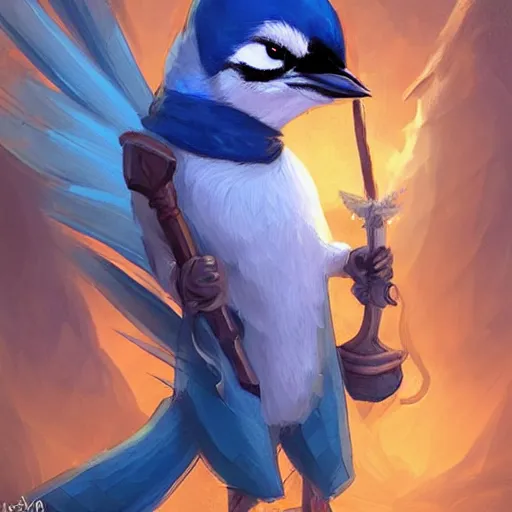 Image similar to cute little anthropomorphic blue jay, wielding a magic staff, tiny, small, short, wizard robe, cute and adorable, pretty, beautiful, dnd character art portrait, matte fantasy painting, deviantart artstation, by jason felix by steve argyle by tyler jacobson by peter mohrbacher, cinema