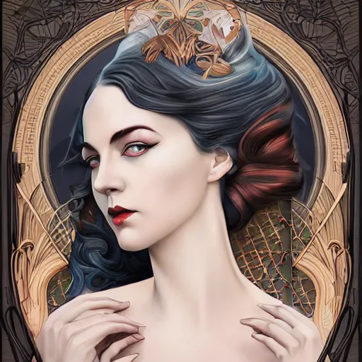 Image similar to an art nouveau, ( streamline moderne ), multi - racial portrait in the style of anna dittmann and charlie bowater and chanthara. very large, clear, expressive, and intelligent eyes. centered, ultrasharp focus, dramatic lighting, photorealistic digital matte painting, intricate symmetrical ultra detailed background.