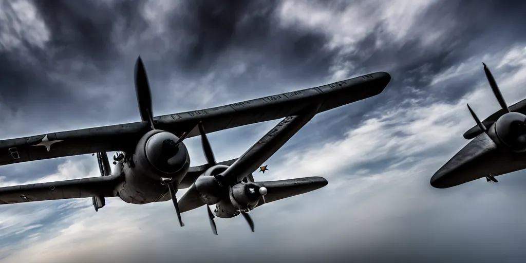 Image similar to a photo under flying war plane after a take off, photorealistic, high quality, hd, uhd, deep focus, wide lens, 1 6 mm, f 1. 8, professional photo, award winning, leica camera