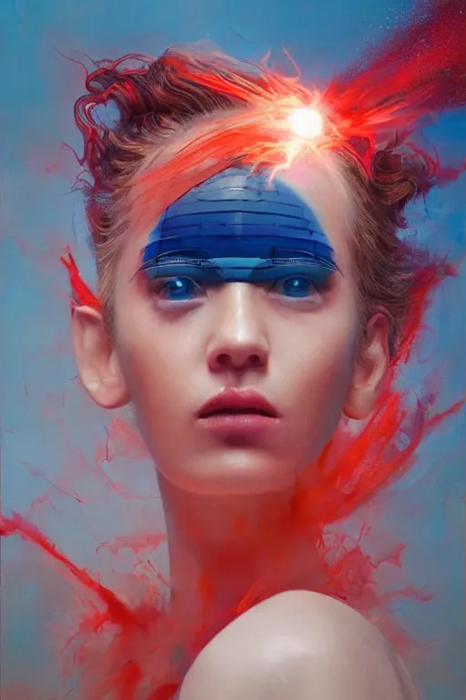 Image similar to 3 d, sci - fi, morning, madness fashion model face, sun, cinematic, lightning clouds, vogue cover style, light red and deep blue mood, realistic painting, intricate oil painting, high detail, figurative art, multiple exposure, poster art, 3 d, by stanley kubrick and tooth wu and wlop and beeple and greg rutkowski