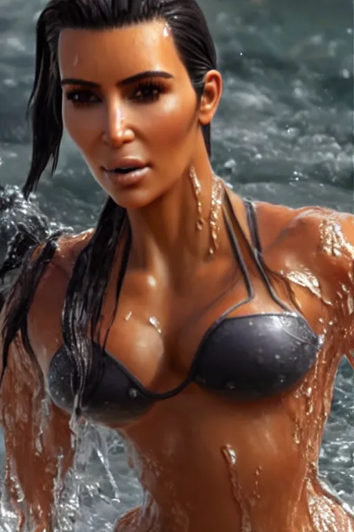 Image similar to a film still of kim kardashian as lara croft, close up face detail, muscular, wet body, model photography, wet dripping hair, emerging from the water