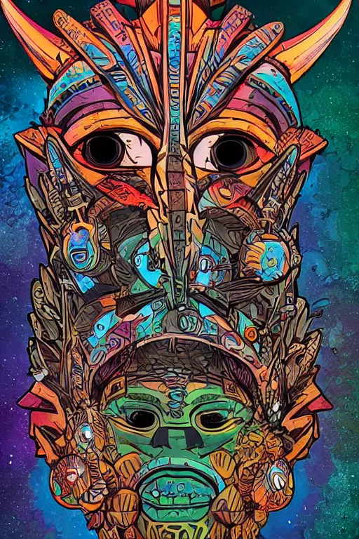 Image similar to totem animal tribal chaman vodoo mask feather gemstone plant wood rock video game illustration vivid color borderlands by josan gonzales and dan mumford radiating a glowing aura