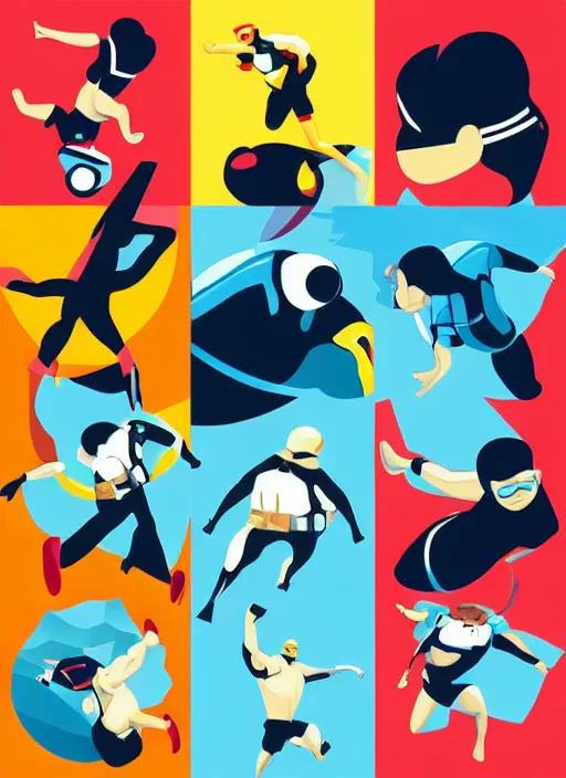 Prompt: a cute action hero diving, digital art, iconic icon, 2 d vector logo, cartoon