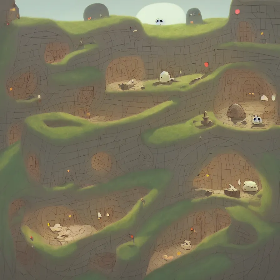 Image similar to Goro Fujita illustrating View of the house of an underground rabbit, with all the labyrinths that communicate with each other, art by Goro Fujita, ArtStation