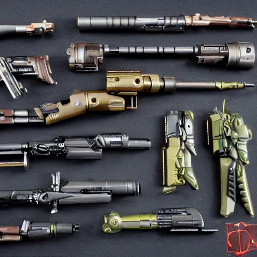 Image similar to Kitbashed Cyberpunk weapons, revolvers, pistols, maximalist, blinn