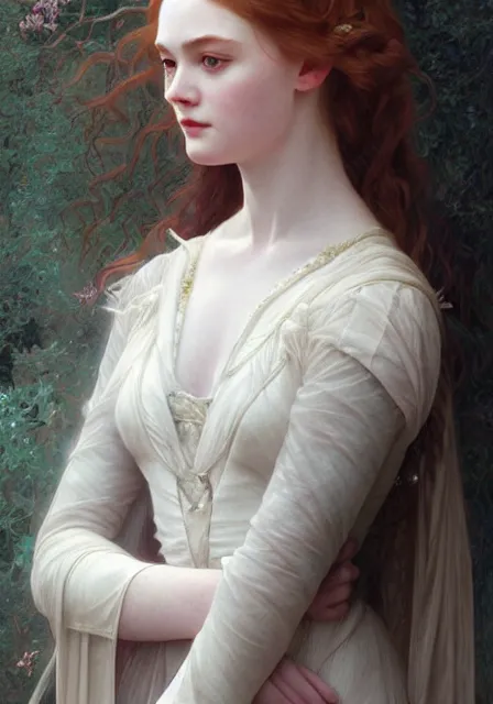 Prompt: sansa elle fanning, intricate, elegant, highly detailed, digital painting, artstation, concept art, smooth, sharp focus, illustration, art by artgerm and greg rutkowski and alphonse mucha and william - adolphe bouguereau