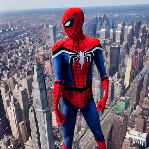 Image similar to marvel spider - man standing on top of the empire state building