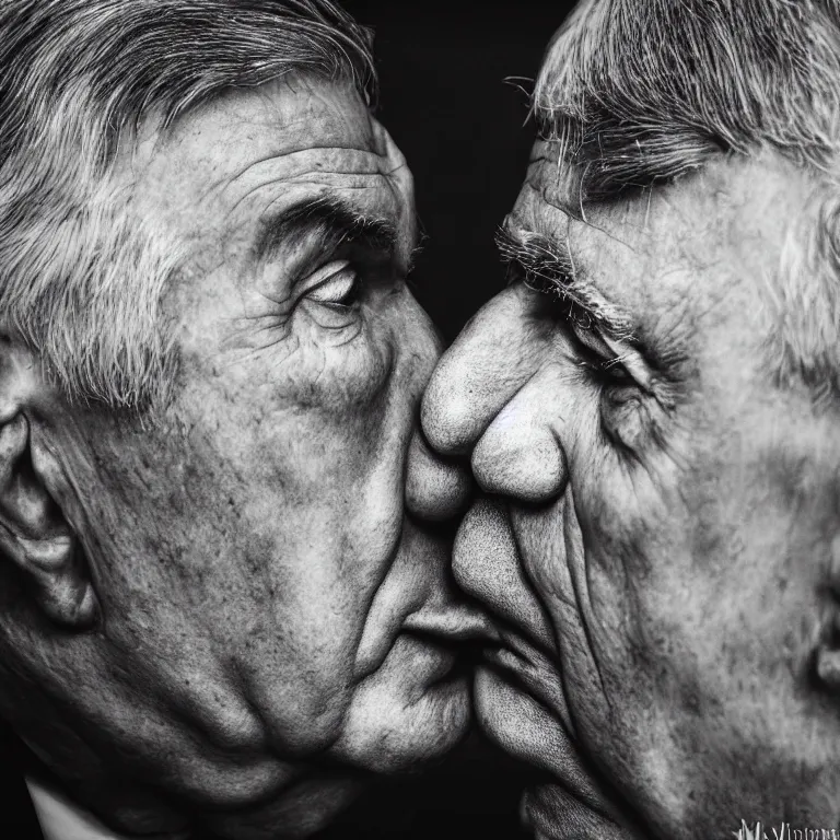 Image similar to milos zeman kissing andrej babis, highly detailed, smooth, sharp focus, portrait, concept art, intricate details, fantasy poster, dark athmosphere, 8 k. lifelike. nikon d 8 5 0