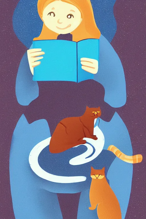 Image similar to a digital painting of a girl reading a book with a cat in A comfortable study room at night,JK uniform ,Hairdryer,blue theme,geometric shapes,S line,hard edges, by anmi and reoenl