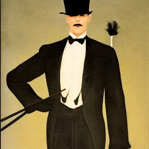 Prompt: a realistic portrait of a male 1 9 2 0 s era magician, a tall, thin man who is always well dressed and always has a parlour trick literally up his sleeve. his slicked - back black hair, long - tailed tuxedo coat, black bow tie, walking stick and top hat are carefully curated so that he may provide a show at any time.