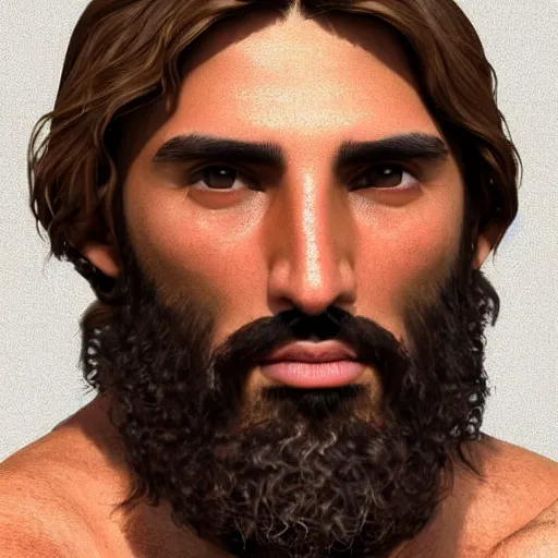 Prompt: Olive skin, Mediterranean man, style of Jesus Christ, Wooly, coarse brown hair, masterpiece, wearing toga. Ultra photo realistic, realism, 4k