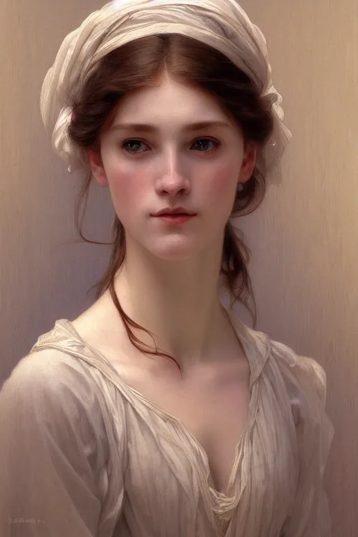 Image similar to Portrait of beautiful pale peasant girl, cinematic lighting, intricate, elegant, highly detailed, digital painting, artstation, smooth, sharp focus, illustration, art by artgerm and greg rutkowski and alphonse mucha and Wayne Barlowe and william-adolphe bouguereau