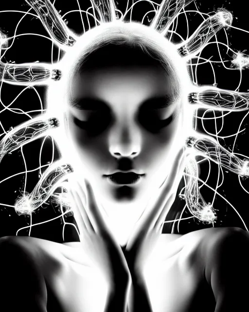 Image similar to black and white dreamy spiritual connected young female cyborg - plant goddess high quality photo, microchip, artificial intelligence, bio - mechanical bio - luminescence, black wired cables, neurons, nerve cells, cinematic, rim light, photo - realistic, elegant, high detail, 8 k, masterpiece, high fashion