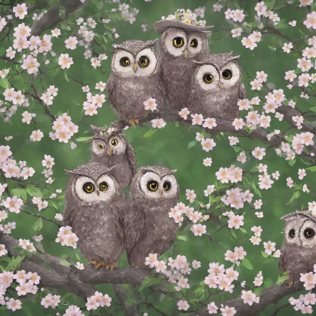 Prompt: film still of happy content cute owls wearing flowers and hats, in a field of delicate dainty blossoms, makoto shinkai, cinematic lighting, volumetric lighting, sunny, highly detailed, hand drawn, intricate, illuminated, 8k