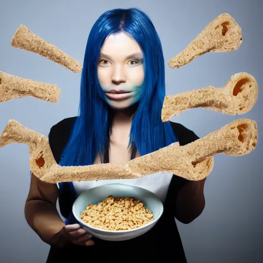 Prompt: a woman with blue skin and two lekku from star wars eats her breakfast cereal, photograph, studio lighting