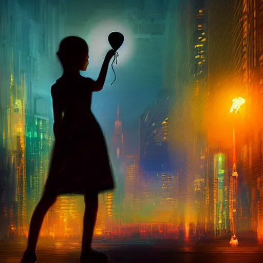 Image similar to digital art cyberpunk cityscape nighttime silhouette of young girl holding balloon in the foreground painted by turner 1860