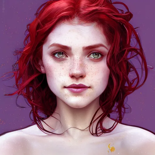 Prompt: close up portrait of a beautiful smiling girl with red hair and freckles, happy intricate, elegant. highly detailed, digital painting, artstation, concept art, smooth, sharp, focus, illustration. background is purple, art by artgerm and greg rutkowski and alphonse mucha,