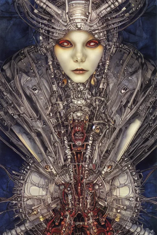 Prompt: portrait of mad alien robot queen, symmetrical, by yoichi hatakenaka, juan gimenez, brom, karol bak, alphone mucha, gustave dore, takato yamamoto, james jean