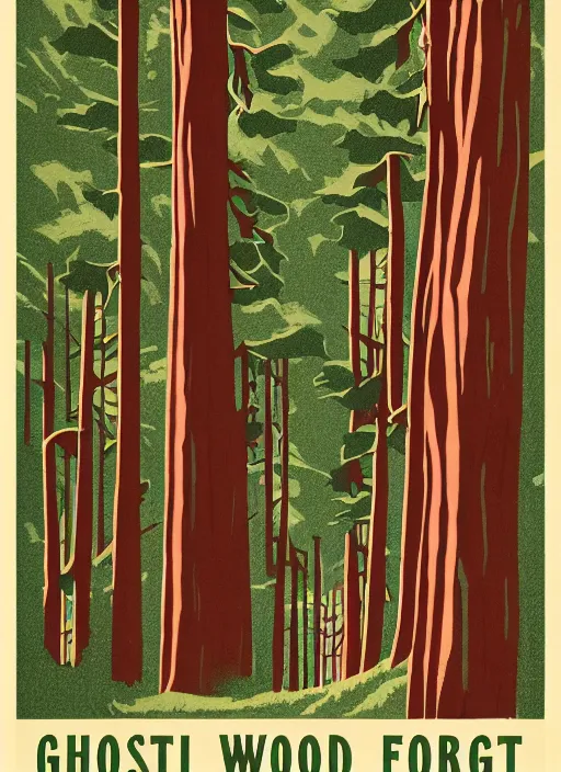 Image similar to a mid-century modern travel poster of Ghostwood National Forest, Twin Peaks