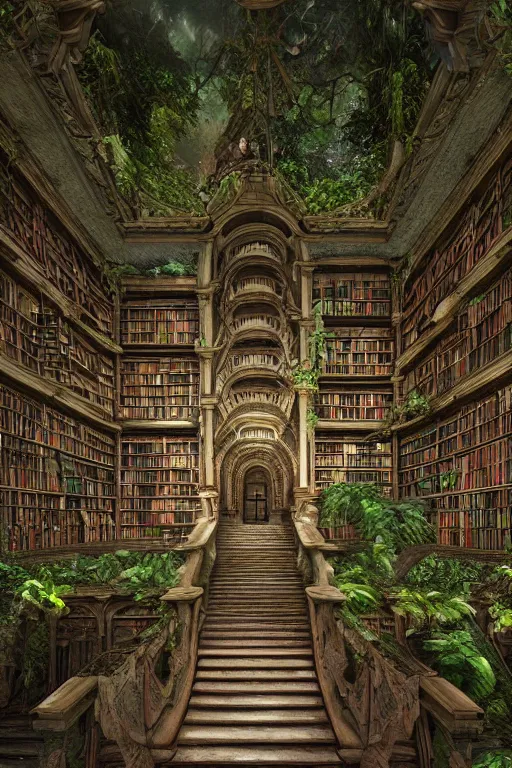 Prompt: an old library that is decaying with a rainforest inside, highly detailed, intricate detail, volumetric lighting, dramatic scenery, beautiful 3 d rendering, octane render, magic glowing books, trending on artstation