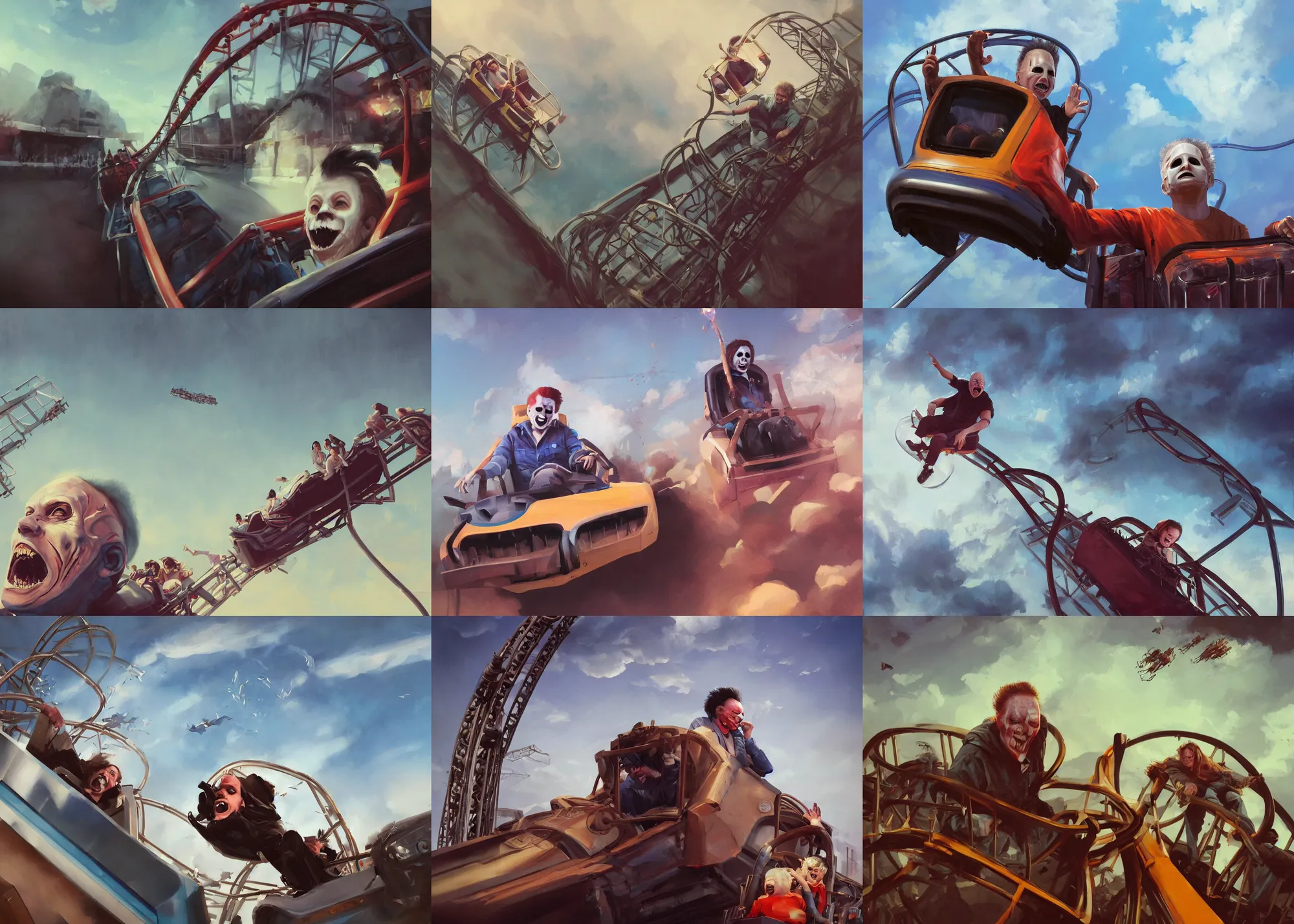 Image similar to portrait painting of Michael Myers having fun in a roller coaster, beautiful sky, sunny, happy, sharp focus, wide shot, trending on ArtStation, masterpiece, by Greg Rutkowski, clear facial features, by Ross Tran, by Fenghua Zhong, octane, soft render, oil on canvas, colorful, cinematic, environmental concept art