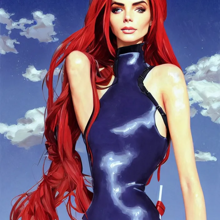 Prompt: full body portrait of a combination of Ashley Greene, Victoria Justice and Adriana Dxim, Grace Kelly and Lily Collins wearing a Plugsuit from Neon Genesis Evangelion, countryside, calm, fantasy character portrait, dynamic pose, above view, sunny day, thunder clouds in the sky, artwork by Jeremy Lipkin and Giuseppe Dangelico Pino and Michael Garmash and Rob Rey and Greg Manchess and Huang Guangjian, very coherent asymmetrical artwork, sharp edges, perfect face, simple form, 100mm