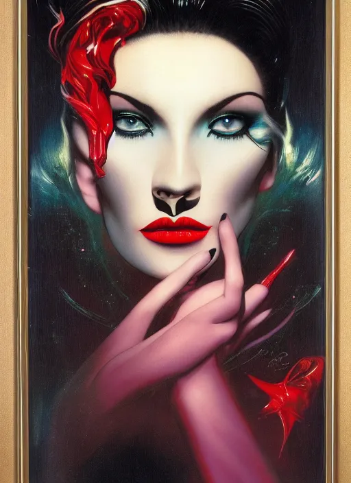 Image similar to an 8 0 s portrait of a woman with dark eye - shadow and red lips with dark slicked back hair dreaming acid - fueled hallucinations by serge lutens, rolf armstrong, delphin enjolras, peter elson