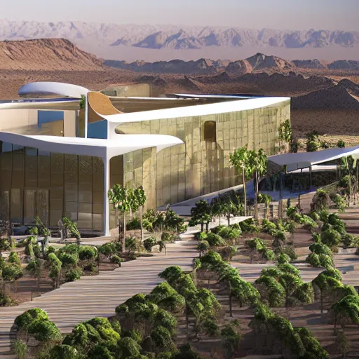 Prompt: architectural rendering, full size view of biophilia building in the desert, biomimetry