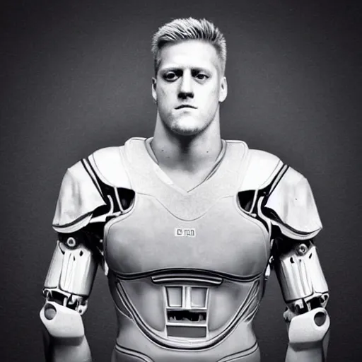 Image similar to “a realistic detailed photo of a guy who is an attractive humanoid who is half robot and half humanoid, who is a male android, football player JJ Watt, shiny skin, posing like a statue, blank stare”