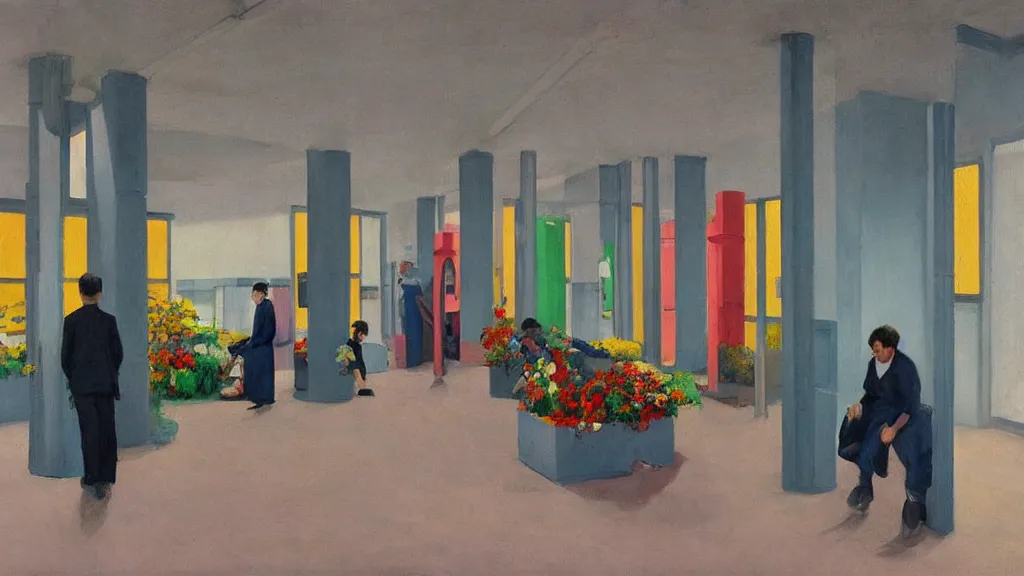 Prompt: seeral people waiting in bus stop with colorful minimalist industrial interior hallway with monolithic pillars in the style of ridley scott and stanley kubrick, impossible stijl architecture, bed of flowers on floor, ultra wide angle view, realistic detailed painting by edward hopper