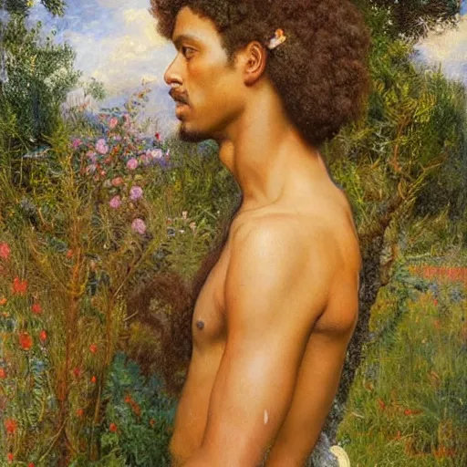 Image similar to east african man with curly hair, fedosenko roman, j. w. godward, jose miguel roman frances, intricate details, countryside, dreamy, impressionist, figurative