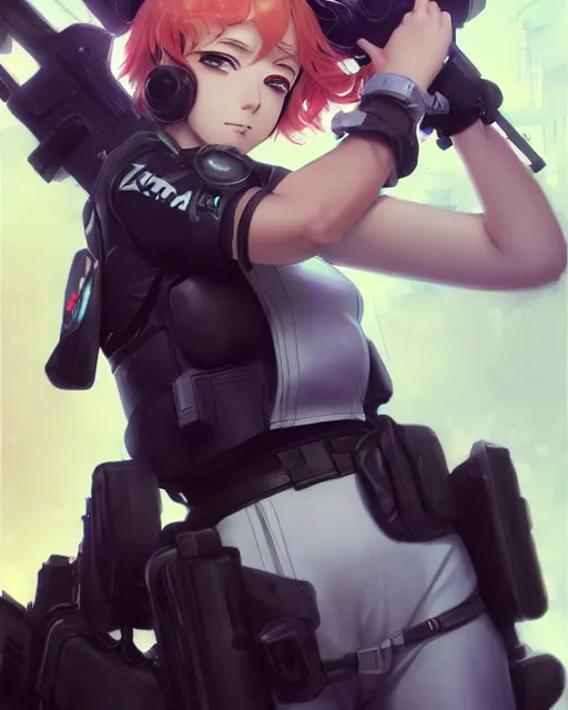 Image similar to nami, anime key visual of a young female swat officer, neon, cyberpunk, futuristic, white clothing, black vest, swat helmet, stunning, highly detailed, digital painting, smooth, soft focus, illustration, 4 k digital art from artstation by artgerm and greg rutkowski and alphonse mucha