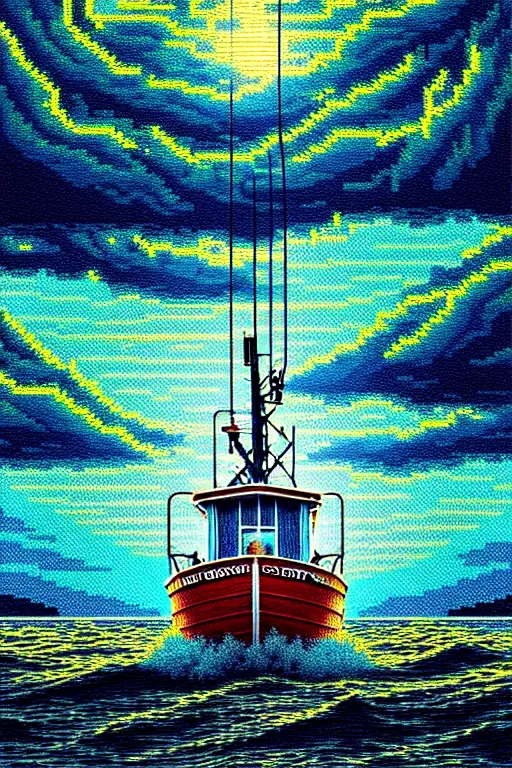 Image similar to sitting at sea in a fishing boat during the greatest storm of all time, pov, beautiful detailed pixelart by albertov, intricate details, beautiful, dithered gradients, volumetric lighting, cgsociety, artstation, smooth, sharp focus, 2 d illustration, amazing art by dan mumford
