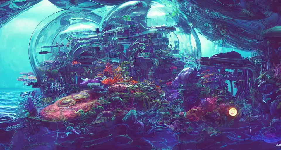 Image similar to bioluminescent cyberpunk sealife, deep sea diver, extreme light, distant cyberpunk atlantis, organic, bio domes, coral, deep ocean, robotic, mariana trench midnight zone, bubbles, hyper realistic, hyper detailed, digital art, trending in artstation, studio quality, photorealistic, photo, by jesper ejsing, wlop, paul lehr