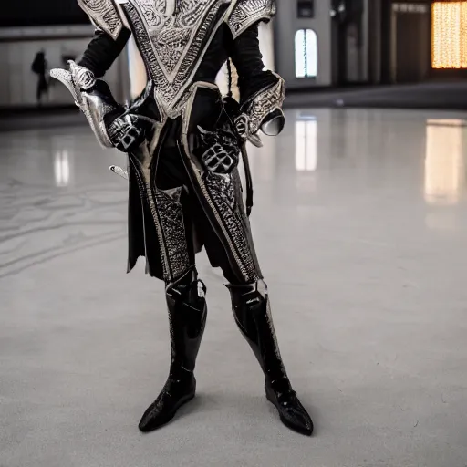 Prompt: Austin Butler dressed in futuristic-baroque duelist-garb and battle armor, standing in an arena, XF IQ4, f/1.4, ISO 200, 1/160s, 8K, RAW, unedited, symmetrical balance, face in-frame