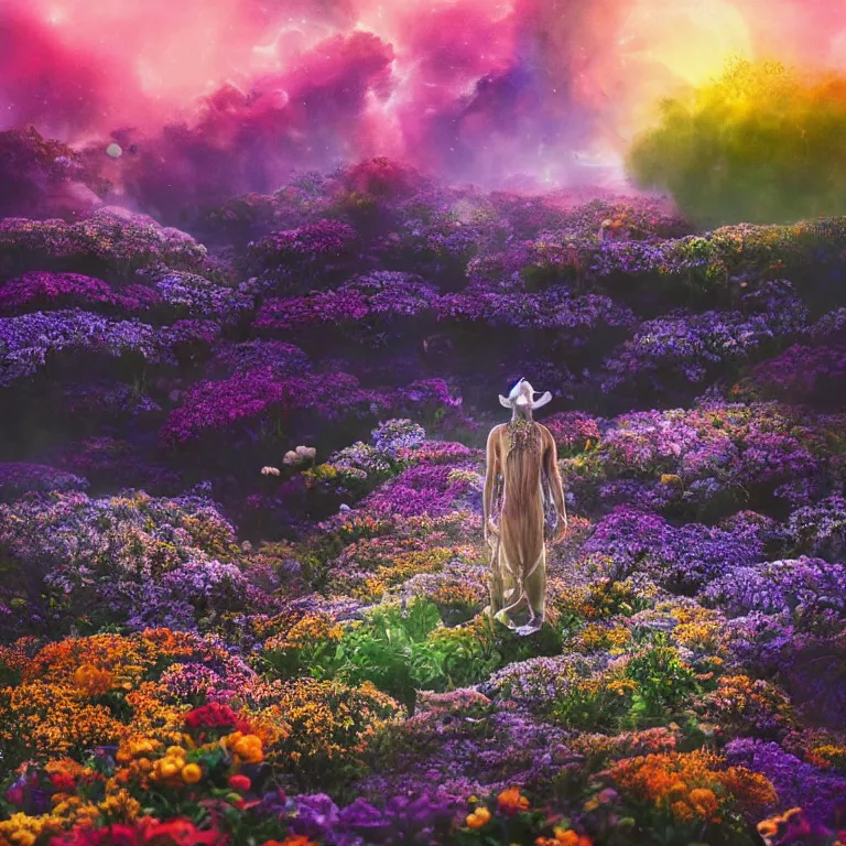 Image similar to a planet of various flowers, fungus and plants, in which the singular human figure is dressed in something magical and impressive, inside the picture is infinity, sunset light, Atmospheric phenomenon, artistic photography, muted colors, conceptual, long exposure outside the city, volumetric light