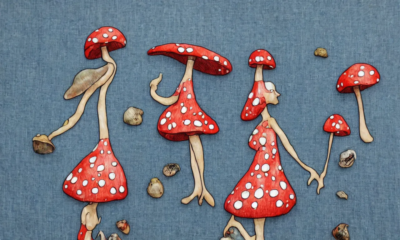 Image similar to beautiful anthropomorphic mushroom woman, buxom, silk, chiffon, patent leather, steel studs, denim, leather, jewels, amanita myscaria