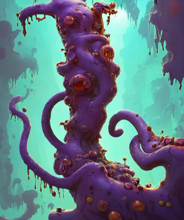 Image similar to an ooze slime creature in a dr seuss artstyle, adorable and whimsical, fantasy, elegant, crisp 8 k line work, rim light, digital painting, artstation, unreal engine, octane render, concept art, matte, sharp focus, illustration, art by james jean and justin gerard and josan gonzalez