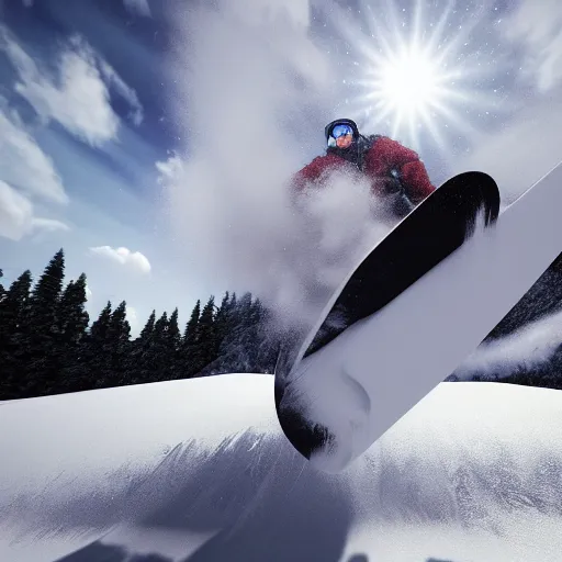 Image similar to jesus snowboarding on puffy volumetric clouds, volumetric illumination, dramatic lightning, 3 d, cinematic, 8 k