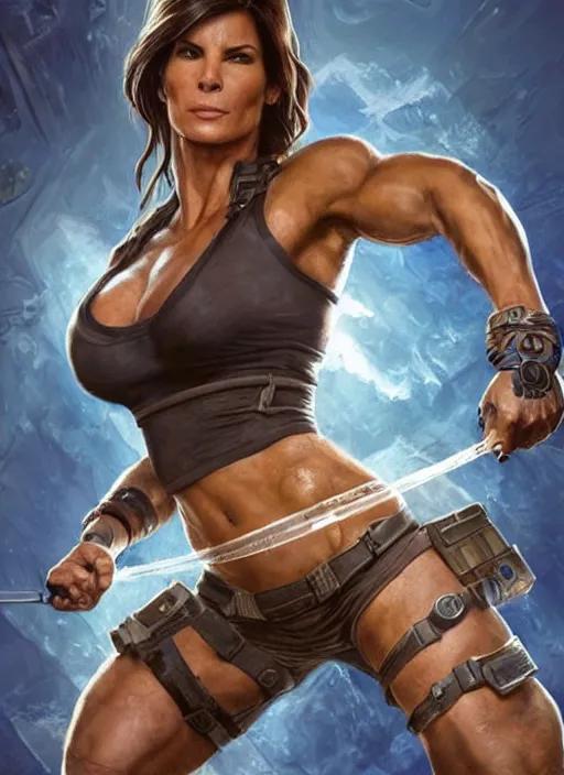 Image similar to muscled Sandra Bullock as Lara Croft as a ruggedly handsome heroine looking directly into the camera, jumping off a glowing artifact lodged in shallow blue glowing water, intricate, elegant, highly detailed, artstation, concept art, smooth, sharp focus, illustration, bokeh art by artgerm and donato giancola and Joseph Christian Leyendecker, WLOP, fireflies, distant snowstorm and thunder