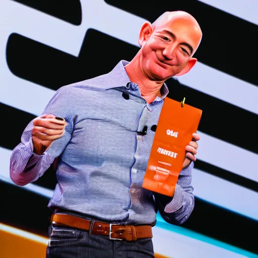 Image similar to jeff bezos launching a new type of sausage, smiling, happy, product launch, sausage, food photography, announcement, canon eos r 3, f / 1. 4, iso 2 0 0, 1 / 1 6 0 s, 8 k, raw, unedited, symmetrical balance, wide angle